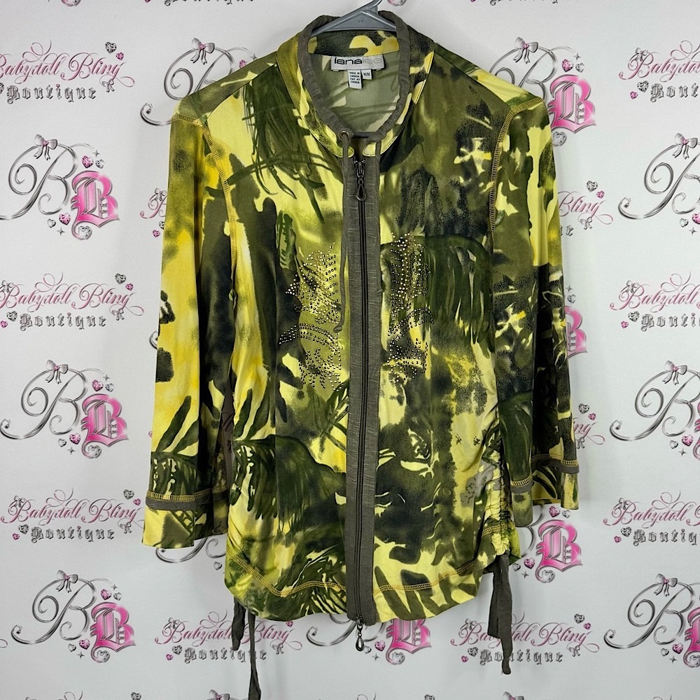 Lanalee sweater zip up bling studded rhinestone Vibrant Green and Yellow Blazer